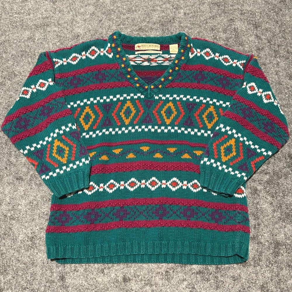 Roo Crossing Vintage 90s Handknit Geometric Sweater Teal Magenta Size PL